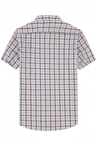 Men Modern Shirt Plaid Print Pocket Detail Short-Sleeved Point Collar Button down Loose Shirt Top