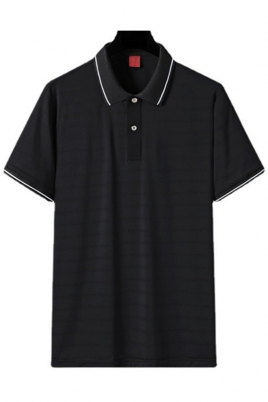 Men Urban T-Shirt Contrast Trim Turn-over Collar Button Detail Short-sleeved Loose T-Shirt