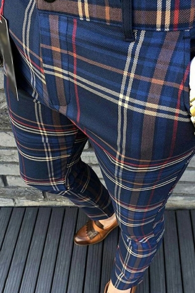 Mens Chic Pants Plaid Print Mid-Rised Zip-Up Detail Ankle Fitted Pants