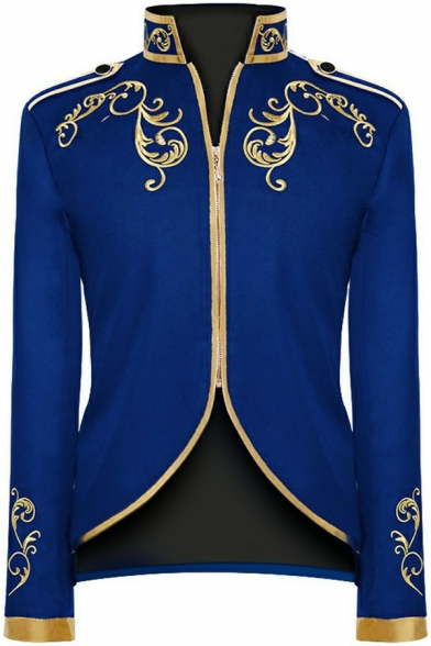Mens Smart Suit Embroidery Printed Zip up Stand Collar Asymmetric Hem Long Sleeves Fit Suit