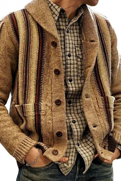 Popular Mens Cardigan Stripe Printed Front Pockets Knit Long Sleeve Shawl Collar Button up Regular Fit Cardigan