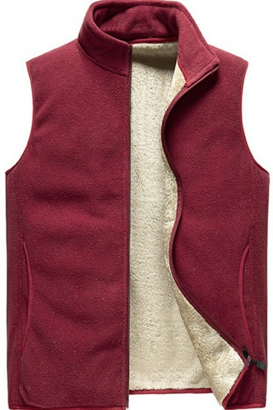 Retro Men's Vest Solid Color Zip-up Stand Collar Thermal Regular Fit Vest