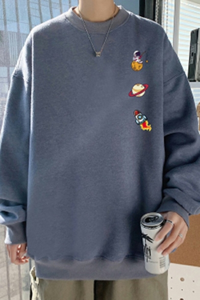Simple Sweatshirt Planet Pattern Long Sleeve Round Neck Loose Fit Sweatshirt for Men