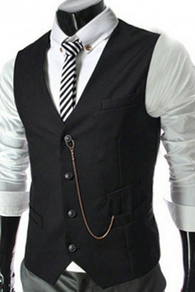 Smart Mens Suit Vest Solid Button Closure Chain Detailed Fitted Sleeveless Suit Vest