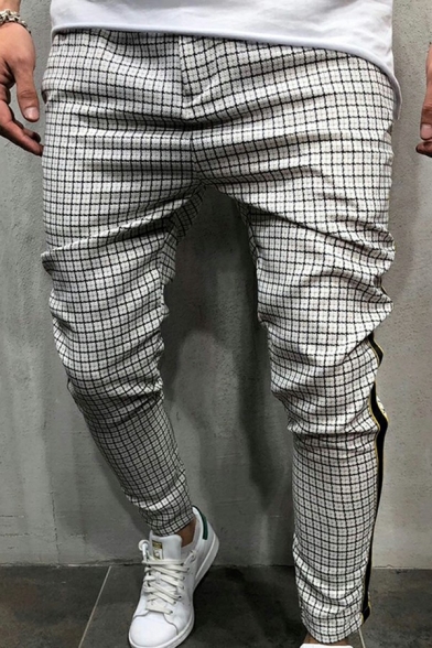 Stylish Mens Drawstring Pants Side Contrast Color Patchwork Plaid Pattern Full Slim Fit Harem Pants