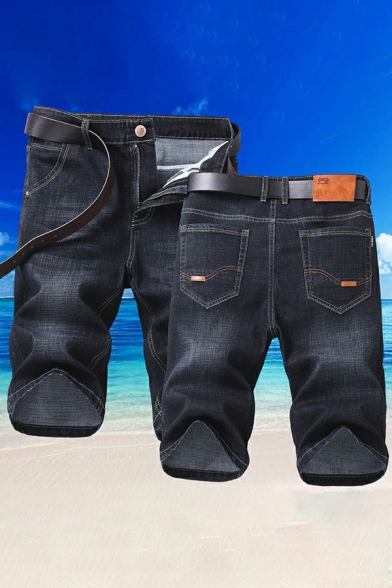 Stylish Mens Shorts Solid Color Mid-Rised Belted Straight Fit Denim Shorts