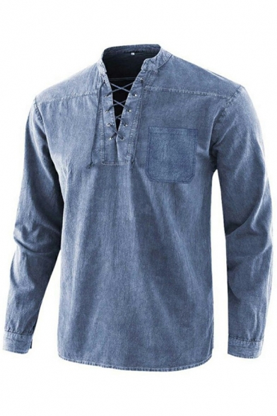 Unique Shirts Pure Color Lace-up Front Stand Collar Long Sleeve Chest Pocket Relaxed Fit Shirts for Men