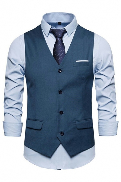 Vintage Men's Blazer Vest Solid Color V-Neck Single Breasted Pocket Regular Fit Blazer Vest