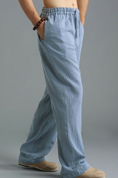 Athletic Guys Pants Plain Elastic Waist with Drawstring Full Length Baggy Pants