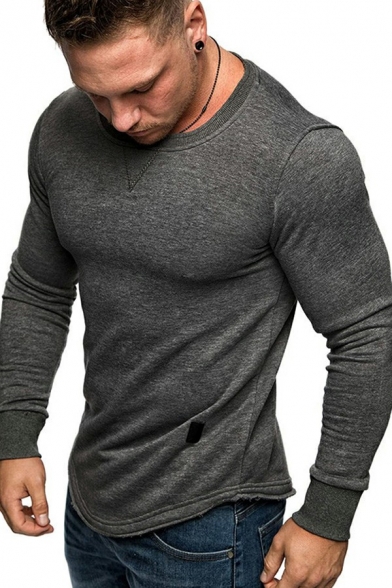 Basic Men Sweatshirt Solid Long Sleeves Slim Fitted Crew Collar Pullover Sweatshirt for Men