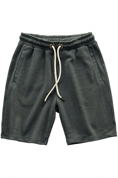 Basic Mens Shorts Solid Color Drawstring Elastic Waist Mid Rise Loose Fit Shorts