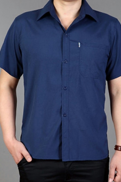 Basic Shirt Solid Color Chest Pocket Detail Short Sleeve Spread Collar Regular Fitted Shirt for Men