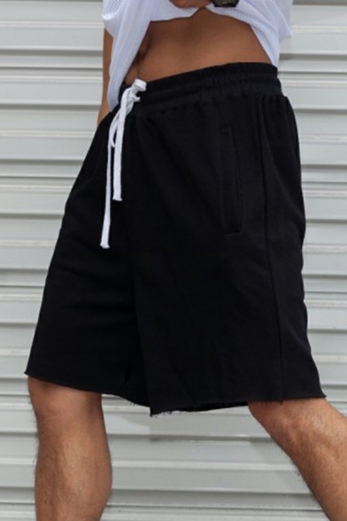 Basic Shorts Pure Color Drawstring Elastic Waist Mid-Rised Loose Fit Shorts for Men