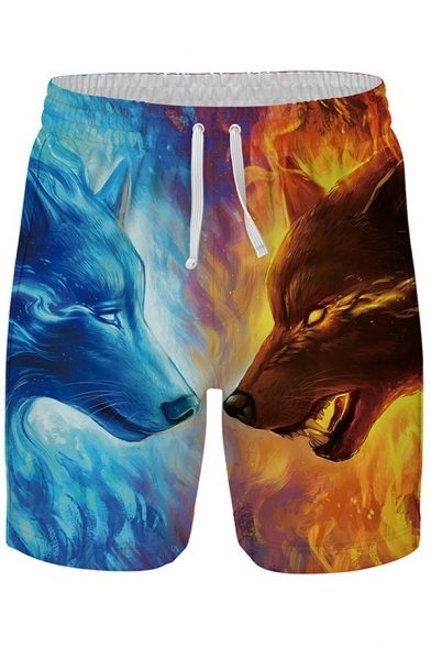 Boyish Boys 3D Double Wolves Print Drawcord Elastic Waist Mid Rise Relaxed Fit Shorts