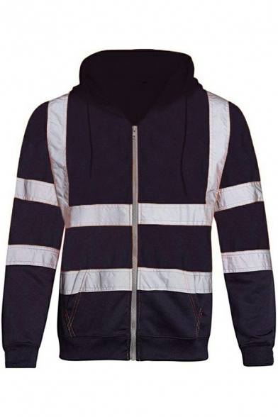 Casual Men's Hoodie Long Sleeves Reflective Contrast Color Fleece Zipper Drawstring Hoodie