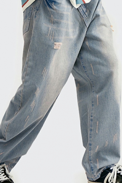 Casual Mens Jeans Mid Rise Distressed Effect Zip Placket Straight-Leg Jeans