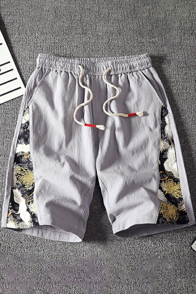 Chic Boy's Shorts Crane Pattern Drawstring Elasticated Waist Pocket Designed Regular Shorts
