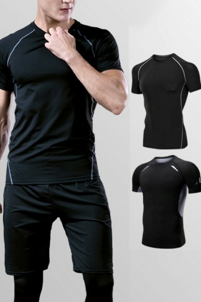 Cool T-shirt Contrast Lined Short Sleeve Crew Neck Slim Fitted Tee for Men