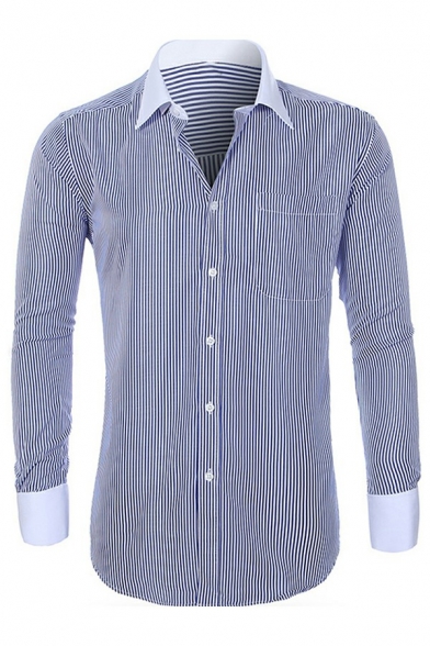 Creative Mens Shirt Stripe Pattern Button Closure Turn-down Collar Long Sleeve Relaxed Shirt