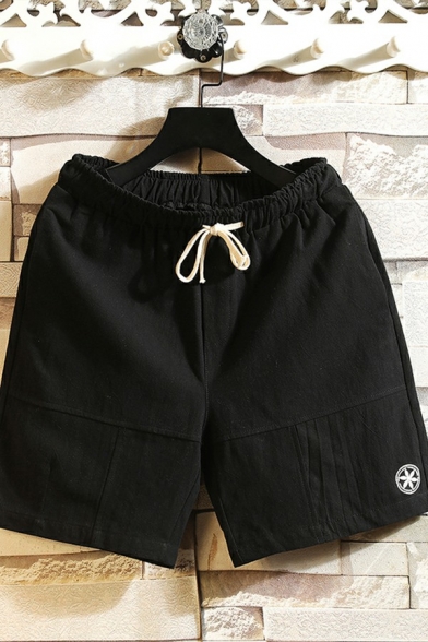 Fancy Shorts Plain Embroidered Decoration Elastic Drawcord Rise Loose Shorts for Guys
