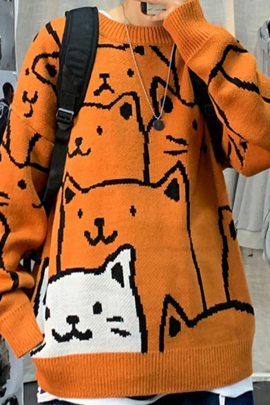 Fancy Sweater Cartoon Cat Print Long Sleeves Round Neck Loose Fit Knit Pullover Sweater for Teenagers