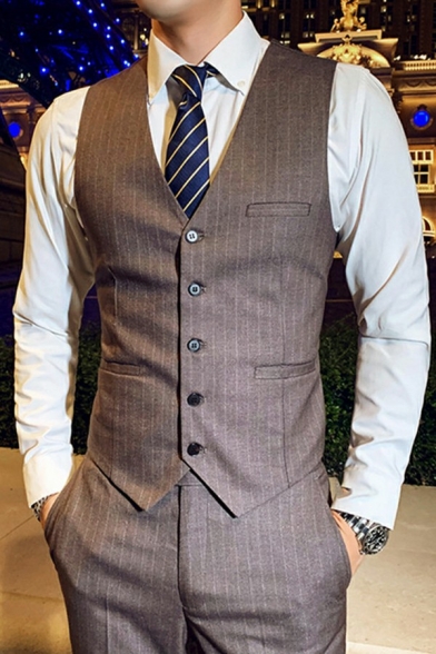 Formal Guys Suit Vest Stripe Pattern Single-Breasted Sleeveless Slim Fitted Suit Vest