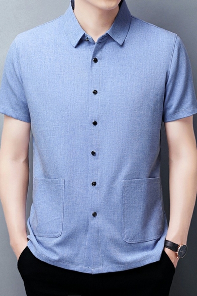 Guys Classic Shirt Pure Color Side Pocket Button Detailed Collar Short Sleeves Regular Shirt