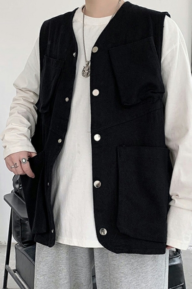 Guys Oversized Waistcoat Solid Color Snap Button Pocket Embellished Baggy Waistcoat