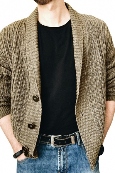 Leisure Men's Cardigan Plain Knit Shawl Collar Button up Long-Sleeved Loose Fit Cardigan