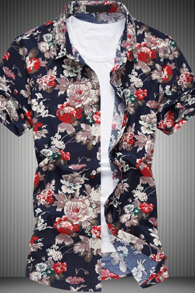 Men Fancy Shirt Floral Patterned Short Sleeve Point Collar Button Closure Regular Shirt Top