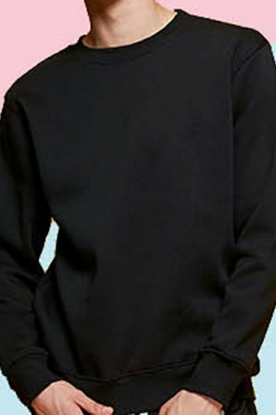 Men Simple Sweatshirts Pure Color Long Sleeve Round Neck Rib Cuffs Regular Fit Hoodie