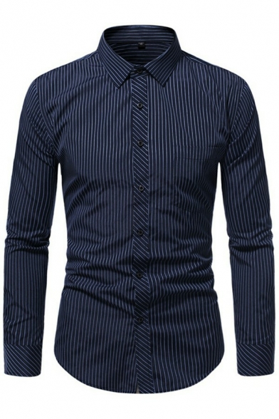Mens Trendy Shirt Stripe Printed Chest Pocket Long-Sleeved Turn down Collar Regular Fit Shirt