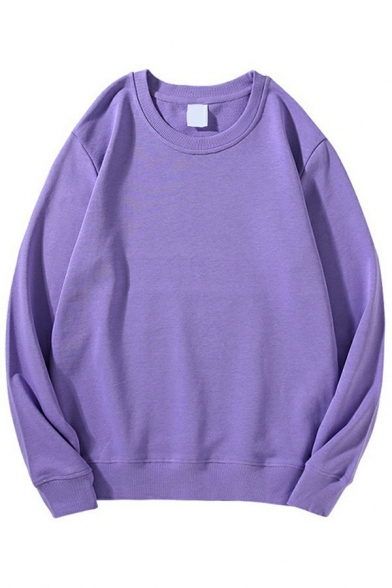 Pop Mens Sweatshirt Pure Color Long Sleeve Round Neck Relaxed Fit Sweatshirt