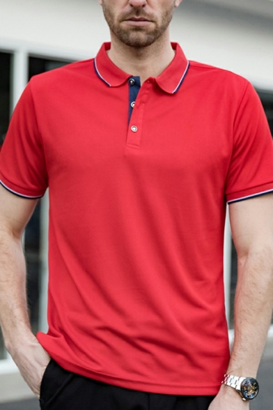 Retro Men's Polo Shirt Contrast Trim Print Button Short Sleeves Lapel Collar Regular Shirt