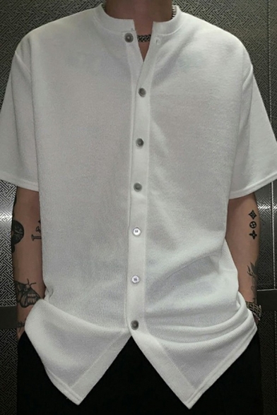 Simple Cardigan Plain Short Sleeve Round Collar Button down Regular Fit Cardigan for Men