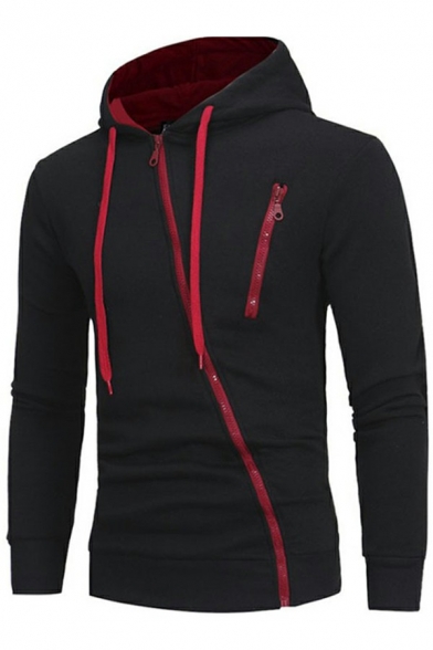 Sportive Hoodie Solid Drawstring Oblique Zipper Long Sleeve Regular Fitted Hoodie for Men