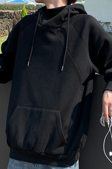 Street Style Hoodie Solid Color Drawstring Pouch Pocket Long Sleeve Loose Hoodie for Men