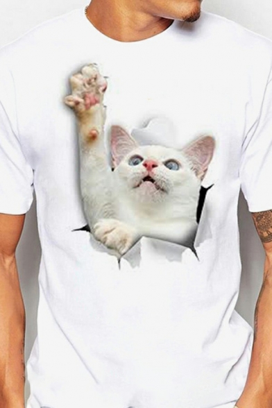 Stylish T-Shirt 3D Cat Printed Crew Neck Short Sleeves Loose Fit T-Shirt for Men