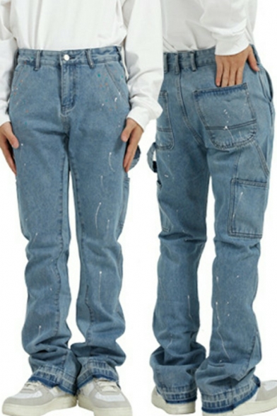 Vintage Jeans Ink Splash Printed Pocket Detailed Mid Rise Loose Fit Zipper Placket Jeans for Men
