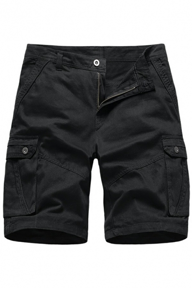 Boy's Casual Shorts Solid Flap Pocket Zip-up Straight Relaxed Cotton Cargo Shorts