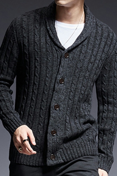 Casual Cardigan Solid Color Knit Shawl Collar Long Sleeves Button down Fit Cardigan for Men
