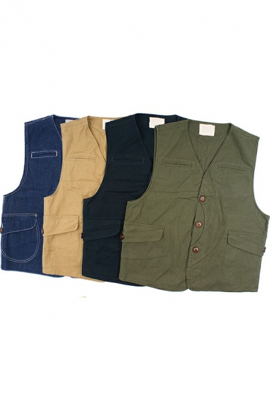 Casual Mens Vest Solid Color Button Down Pockets Detail V-Neck Sleeveless Regular Fitted Vest