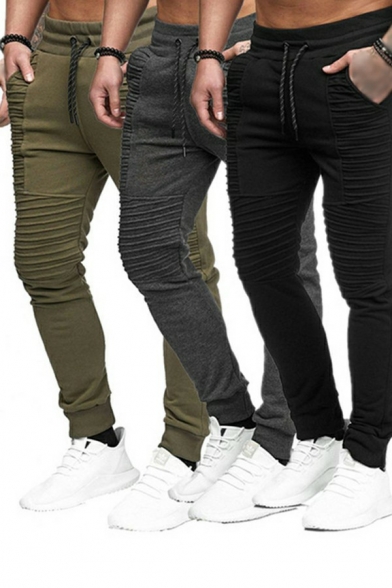 Casual Pants Whole Colored Pleated Mid Rise Skinny Fit Drawstring Pants for Men