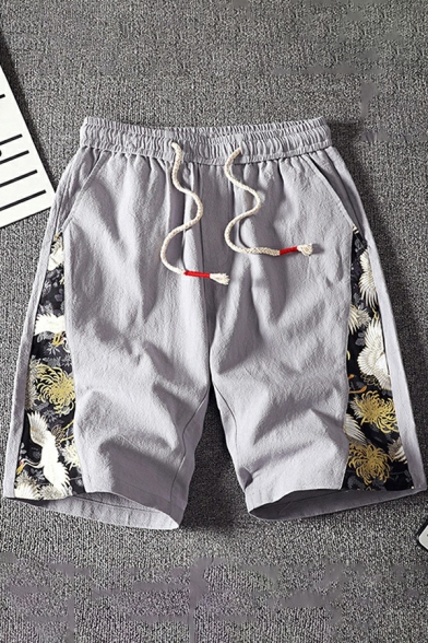 Chic Boy's Shorts Crane Pattern Drawstring Elasticated Waist Pocket Designed Regular Shorts