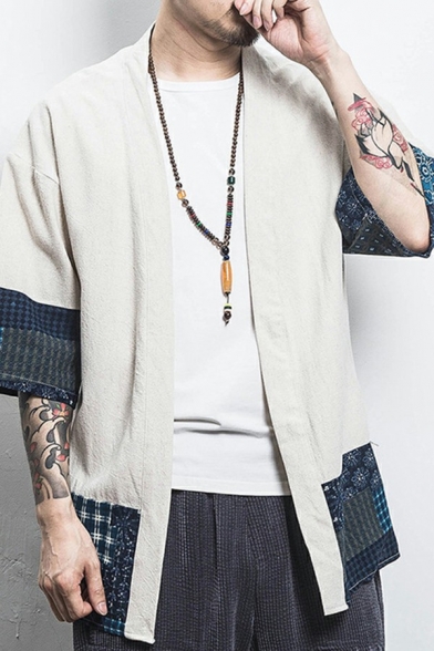 Chinese Style Men's Cardigan Printed V Neck Half Sleeve Open Front Loose Fitted Cardigan