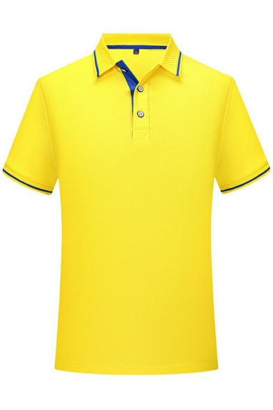 Comfortable Guys Polo Shirt Contrast Line Button Designed Collar Short Sleeve Fitted Polo Shirt