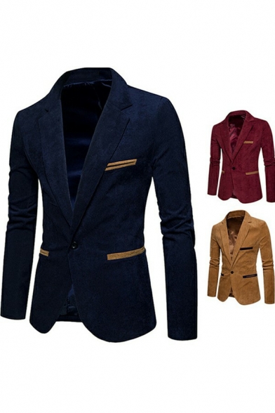 Cozy Guys Suit Blazer Contrast Line Pocket Design Button Long-sleeved Fitted Suit Blazer