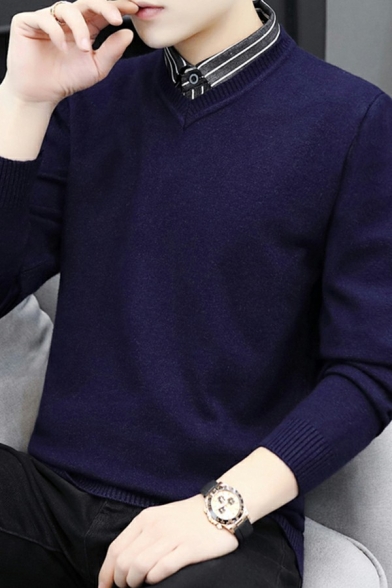 Elegant Guys Sweater Solid Color Long Sleeved Plush Slim Fitted Sweater