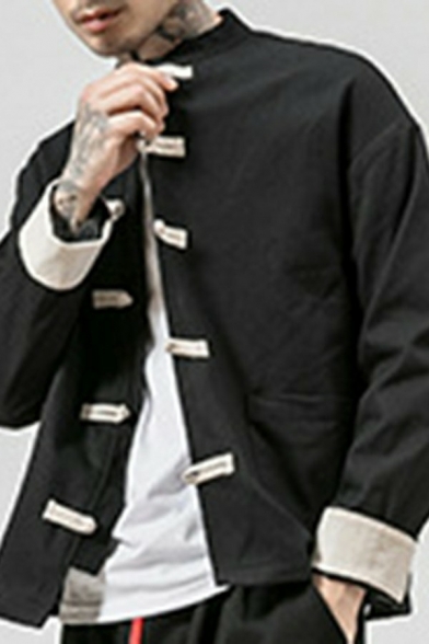 Fancy Jacket Contrast Cuffs Stand Collar Long Sleeved Frog Button Detail Loose Fit Jacket for Men