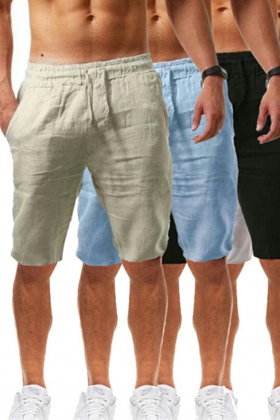 Fashionable Shorts Solid Color Mid Rise Elastic Drawcord Waist Straight Leg Shorts for Men